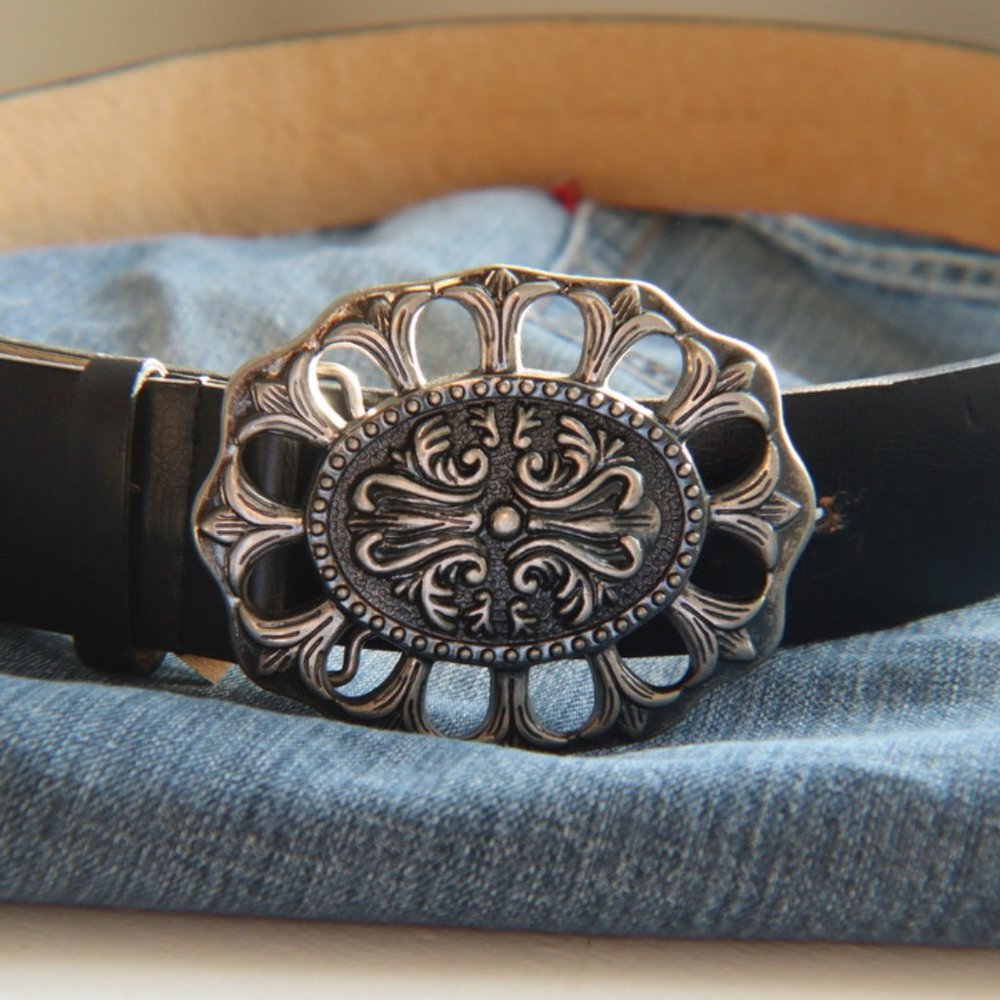 Black Leather Boho Belt Chunky Silver Buckle